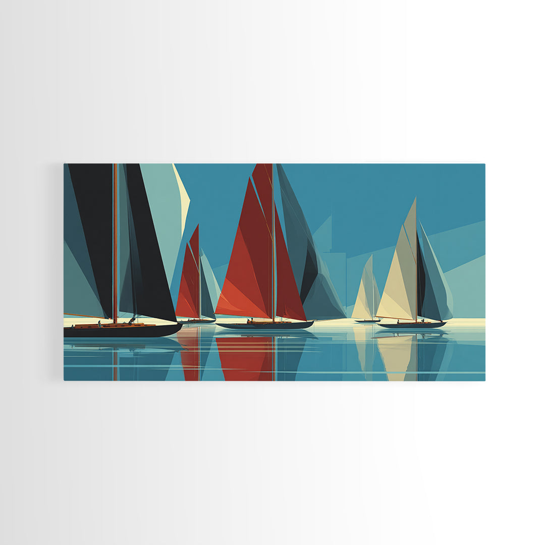 Abstract Sailboat Regatta Canvas Print, Midcentury Modern Nautical Wall Art, Blue Red Coastal Poster, Beach House Home Decor