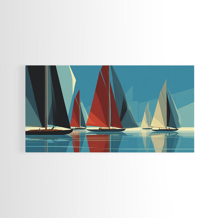 Abstract Sailboat Regatta Canvas Print, Midcentury Modern Nautical Wall Art, Blue Red Coastal Poster, Beach House Home Decor