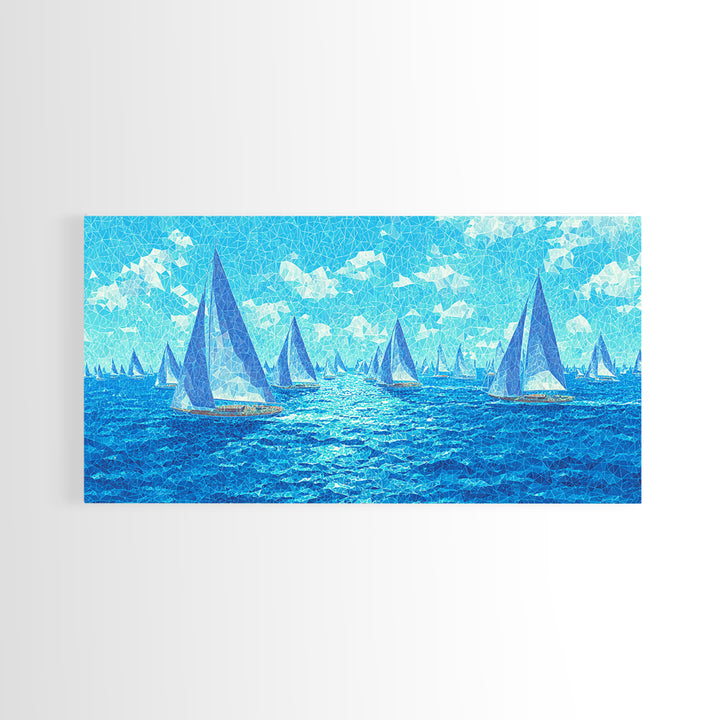 Bright Blue Sailboats Wall Art, Ocean Regatta Canvas Print, Coastal Modern Nautical Poster, Beach House Living Room Decor