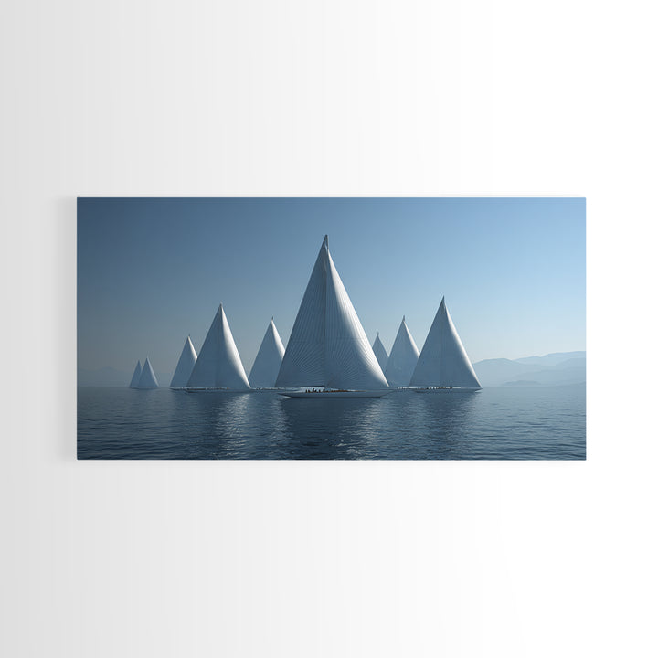 Minimalist White Sailboats Framed Canvas Print, Misty Lake Wall Art, Scandinavian Modern Nautical Decor, Calm Blue Seascape