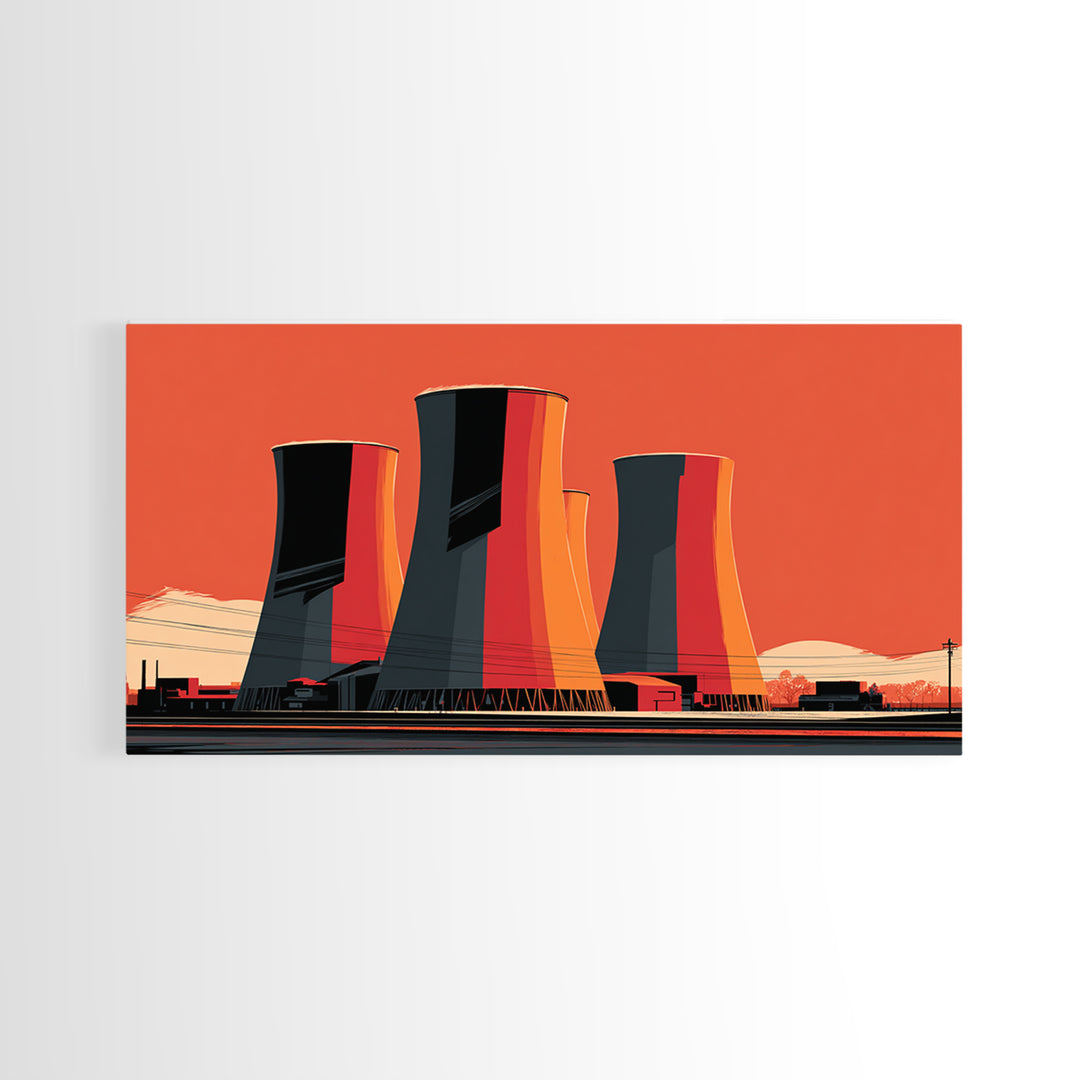 Orange Industrial Cooling Towers Wall Art, Retro Modern Power Plant Poster, Bold MCM Architecture Print, Office Wall Decor