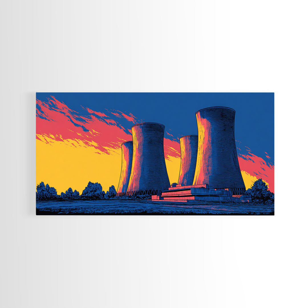 Pop Art Cooling Towers Canvas Print, Neon Sunset Industrial Landscape, Retro Modern Wall Art, Bold MCM Man Cave Office Decor