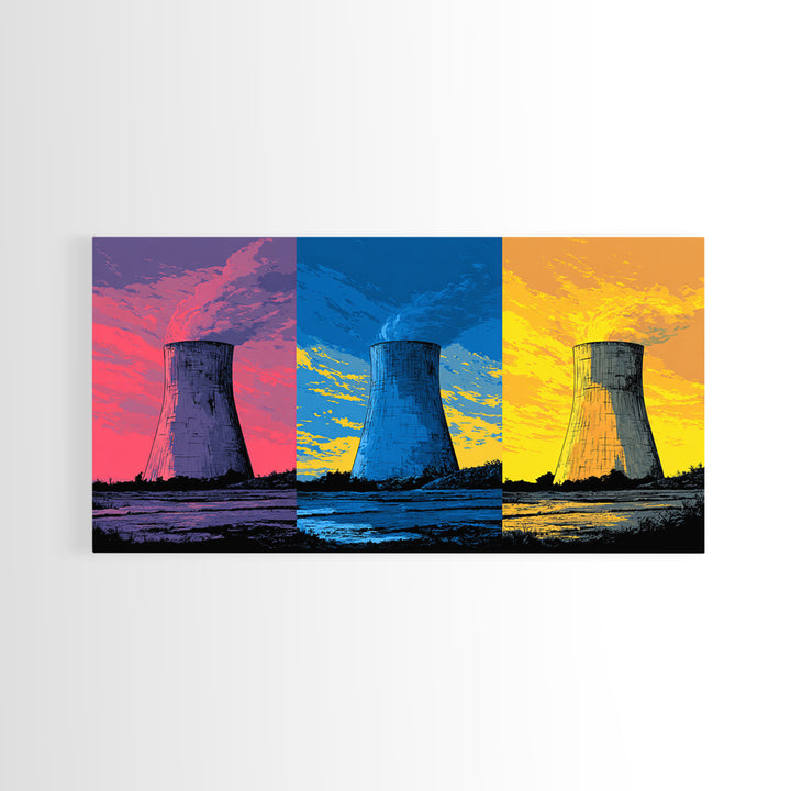 Triptych Cooling Tower Wall Art, Three Panel Pop Art Industrial Poster, Colorful Retro Canvas Print, Bold Modern Office Decor
