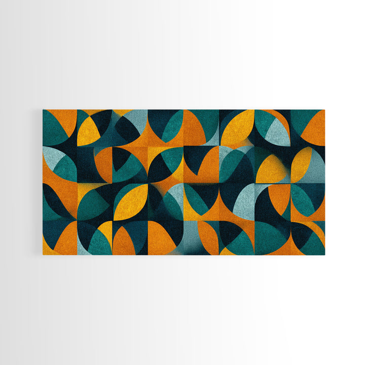 Teal And Ochre Petal Geometry With Circles Framed Canvas Print, Midcentury Modern Wall Art, Atomic Retro Pattern Decor Poster