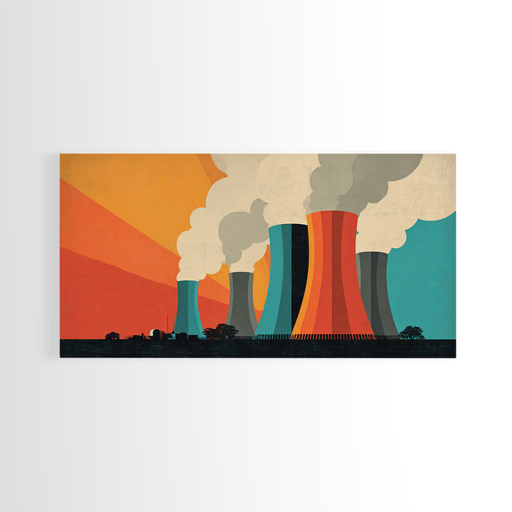 Retro Smokestack Power Plant Canvas Print, Midcentury Modern Industrial Wall Art, Orange Teal Factory Poster, Bold Decor