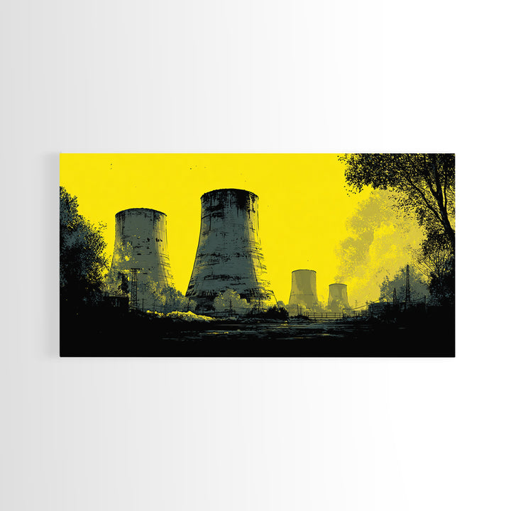 Yellow Nuclear Cooling Towers Wall Art, Industrial Landscape Print, Retro Sci Fi Poster, Modern Wall Decor, Statement Artwork