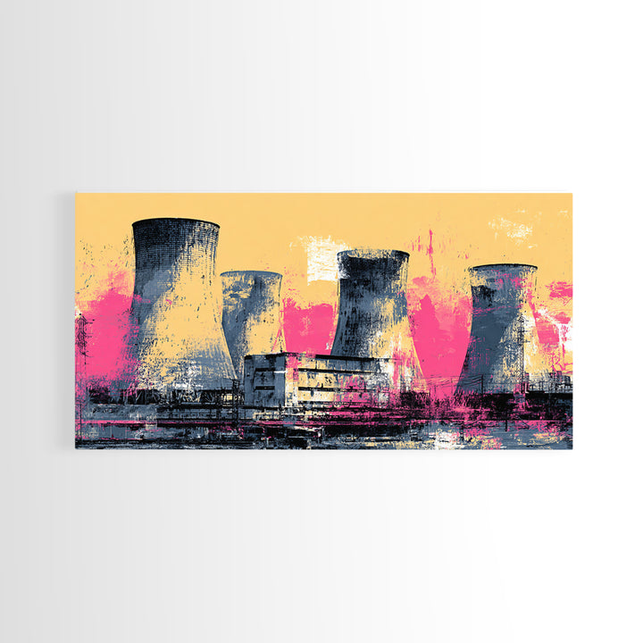 Pink Nuclear Power Plant Canvas Print, Industrial Landscape Wall Decor, Retro Modern Art Print, Bold Statement Artwork For Home Decor