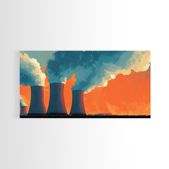 Orange Nuclear Cooling Towers Framed Canvas Print, Industrial Skyline Wall Art, Retro Modern Decor, Bold Landscape Poster