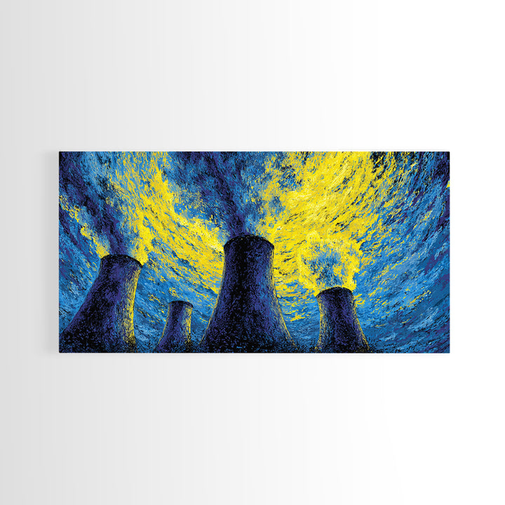 Blue Yellow Cooling Towers Canvas Print, Industrial Night Sky Wall Art, Modern Abstract Decor, Retro Sci Fi Poster Print