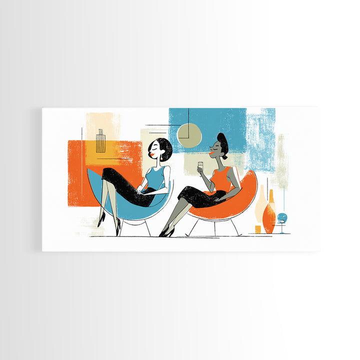 Midcentury Women Lounge Wall Art, Cocktail Chair Illustration, Retro Modern Decor, Colorful MCM Living Room Poster Art Print