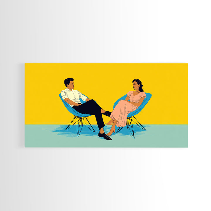 Midcentury Couple In Blue Chairs Canvas Print, Retro Modern Wall Art, MCM Lounge Decor, Colorful Living Room Poster Art Print