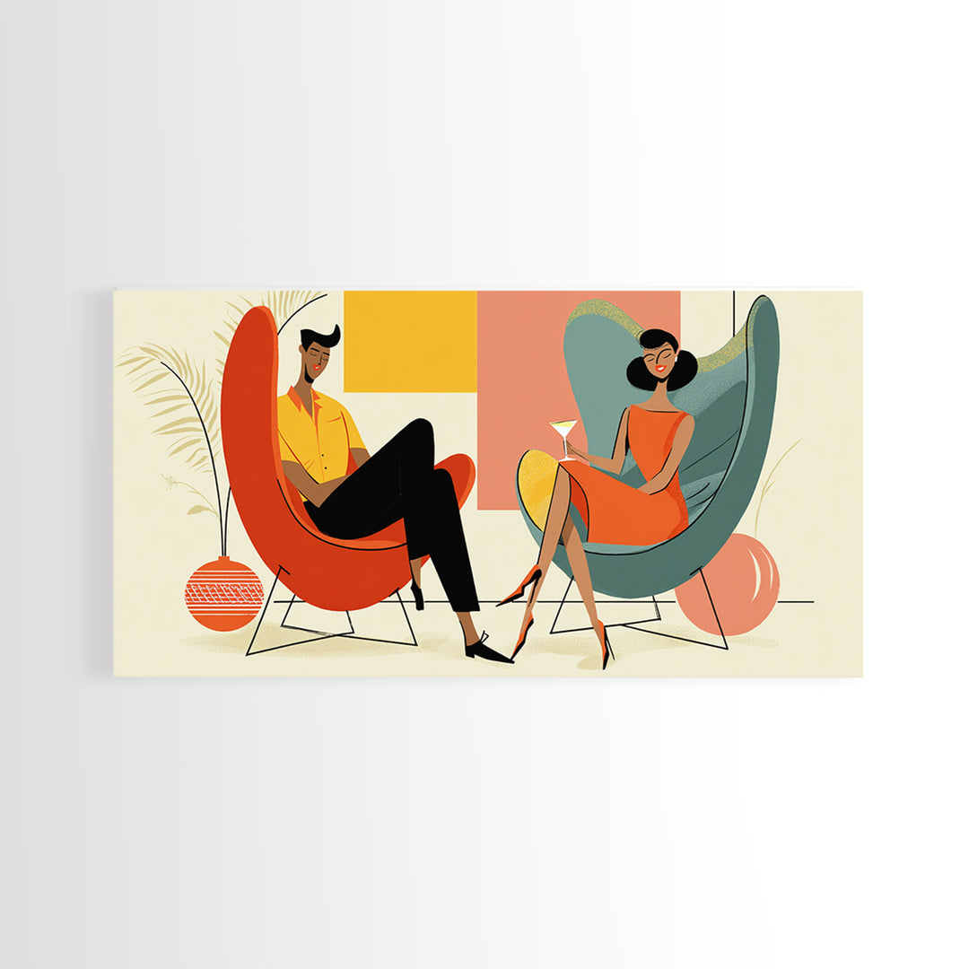 Midcentury Cocktail Lounge Framed Canvas Print, Stylish Couple Wall Art, Retro MCM Decor, Modern Living Room Poster Art Print