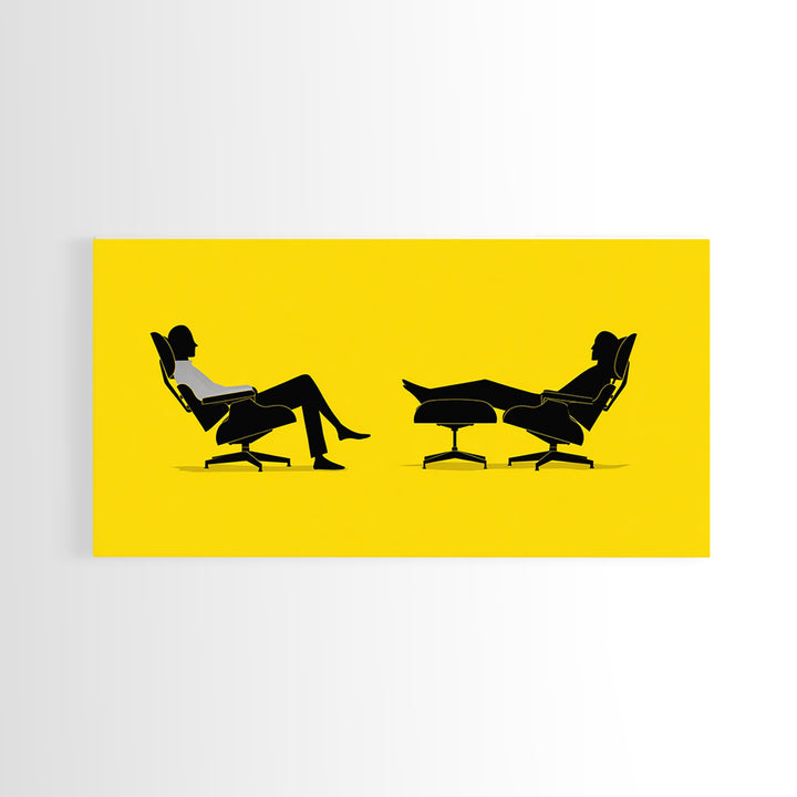 Yellow Midcentury Lounge Chairs Canvas Print, Minimal Couple Silhouette Wall Art, Retro Modern MCM Living Room Decor Poster