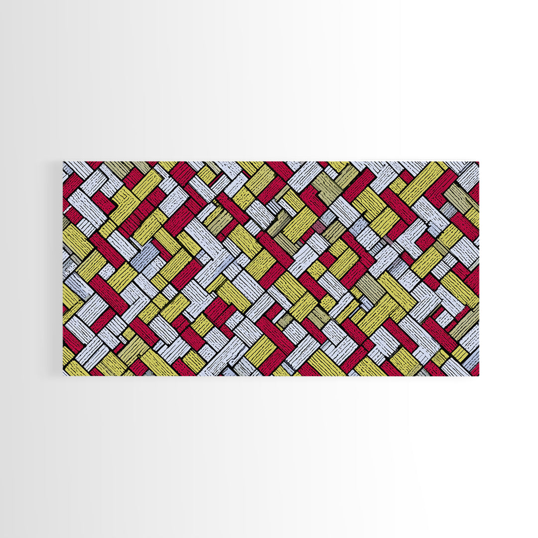 Red Yellow Herringbone Brick Pattern Canvas Print, Retro Geometric Wall Art, Mid Century Modern Decor For Kitchen Office