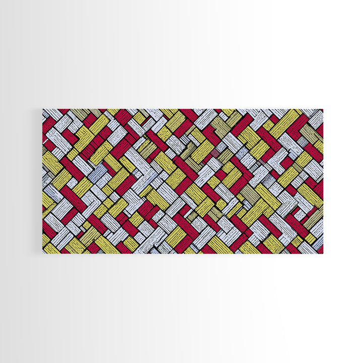 Red Yellow Herringbone Brick Pattern Canvas Print, Retro Geometric Wall Art, Mid Century Modern Decor For Kitchen Office