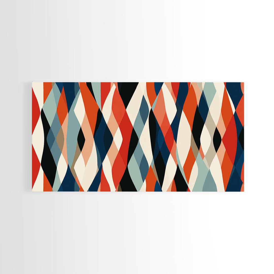 Red Teal Cream Wavy Diamond Pattern Framed Canvas Print, Retro Modern Abstract Wall Art, Mid Century Decor For Living Room