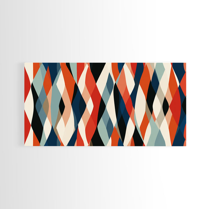 Red Teal Cream Wavy Diamond Pattern Framed Canvas Print, Retro Modern Abstract Wall Art, Mid Century Decor For Living Room
