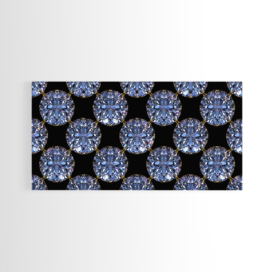 Blue Diamond Gemstone Circle Pattern Framed Canvas Print, Glam Modern Wall Art, Geometric Decor For Bedroom Vanity Office