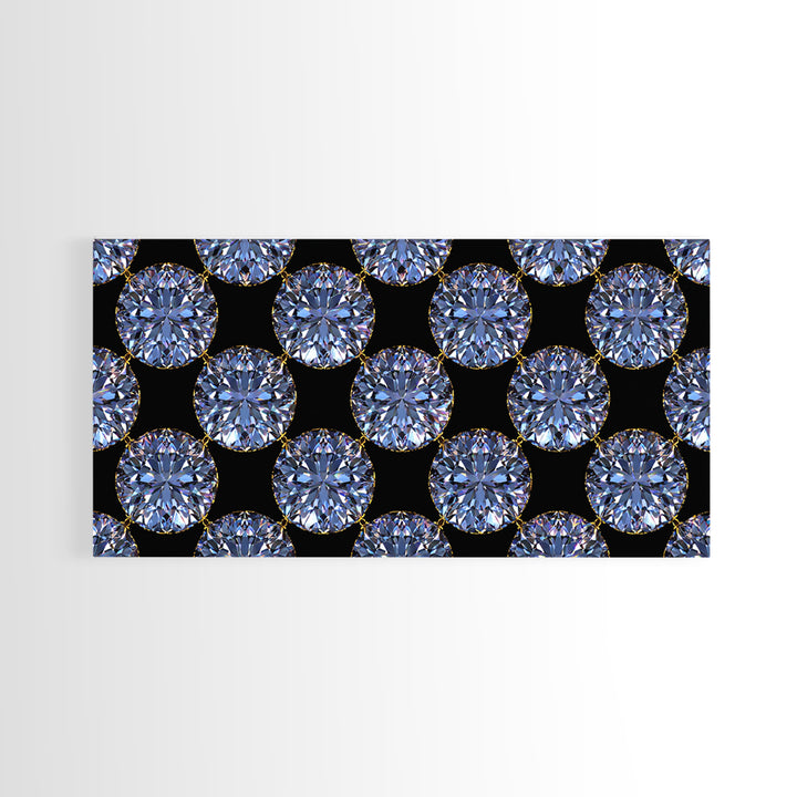 Blue Diamond Gemstone Circle Pattern Framed Canvas Print, Glam Modern Wall Art, Geometric Decor For Bedroom Vanity Office