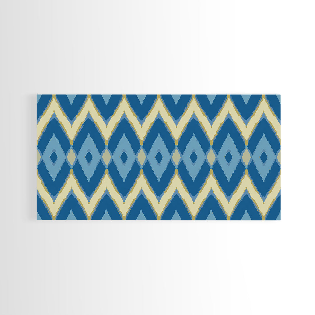 Blue Gold Ikat Chevron Diamond Wall Art, Scandinavian Modern Geometric Print, Mid Century Decor For Bedroom Living Room Home