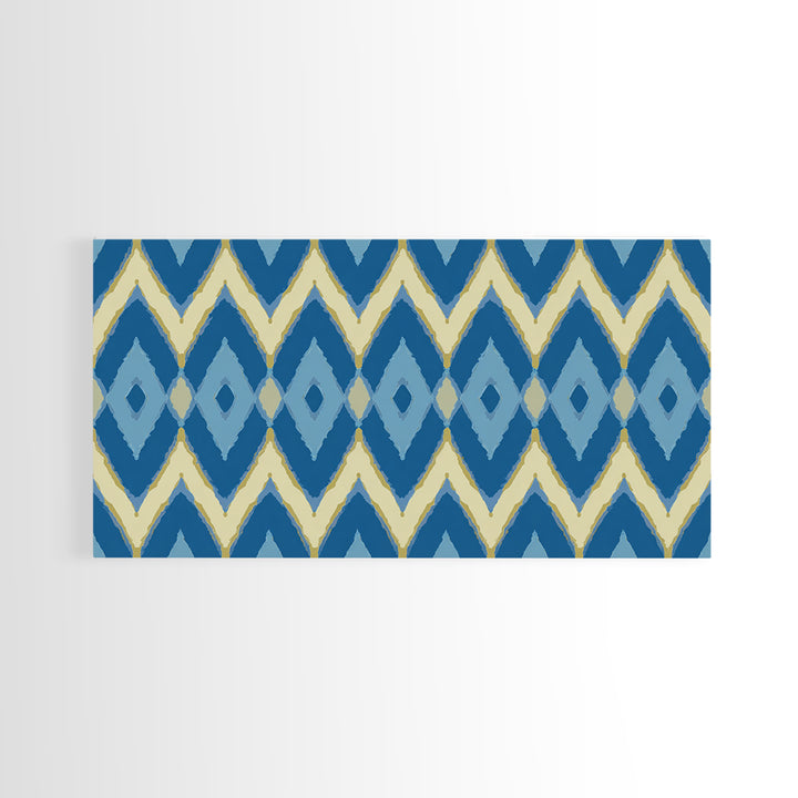 Blue Gold Ikat Chevron Diamond Wall Art, Scandinavian Modern Geometric Print, Mid Century Decor For Bedroom Living Room Home