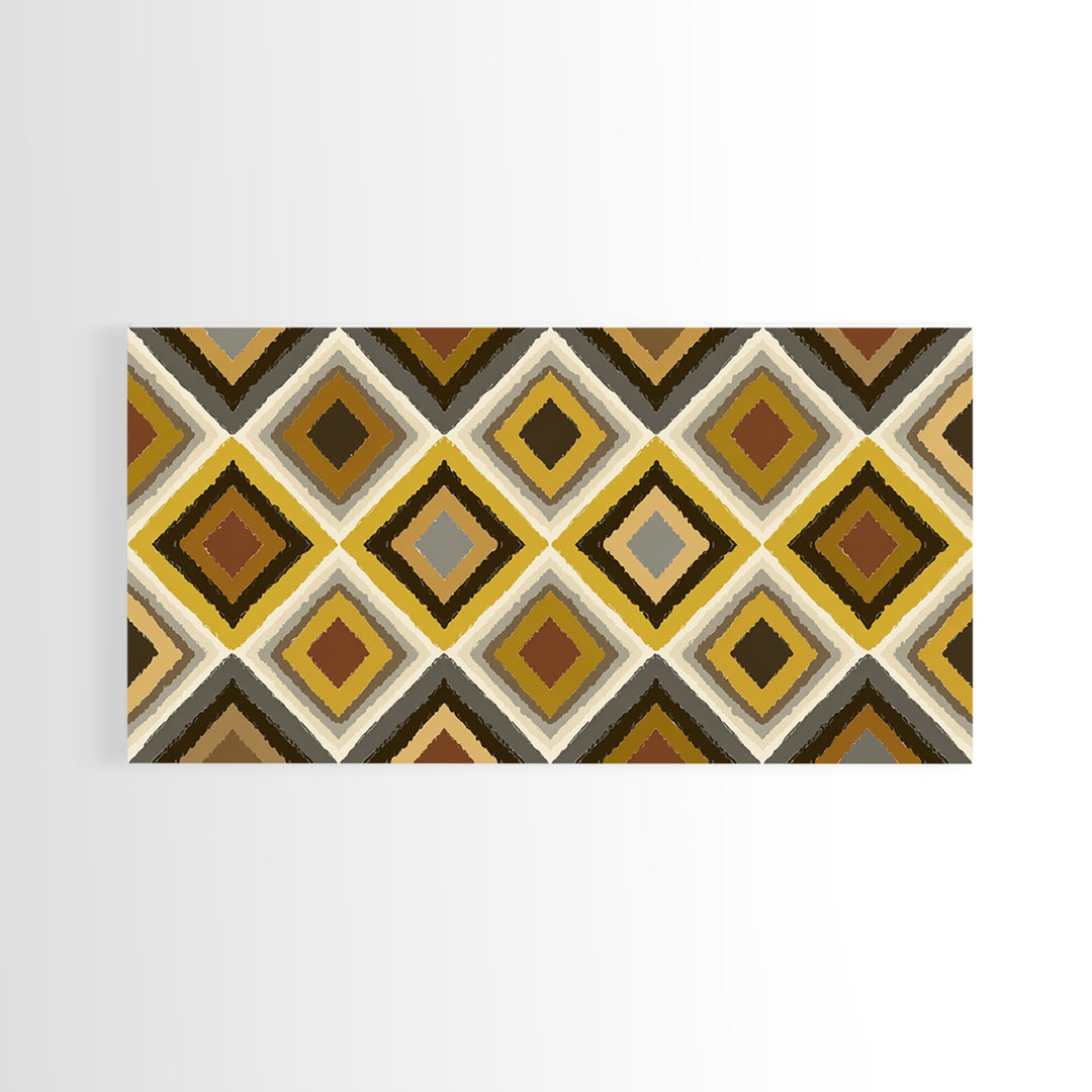 Brown Gold Gray Retro Diamond Pattern Canvas Print, Mid Century Modern Wall Art, Geometric MCM Decor For Living Room Office