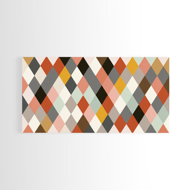 Pastel Orange Gray Harlequin Diamond Wall Art, Mid Century Modern Abstract Print, Geometric MCM Decor For Living Room Office