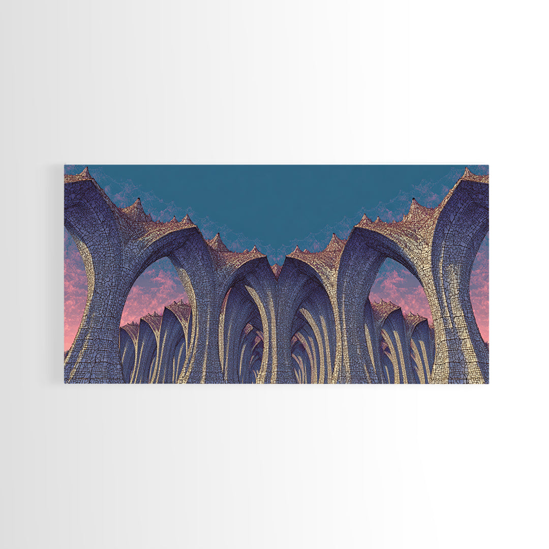 Gothic Blue Arches At Dusk Wall Art, Architectural Art Print, Midcentury Modern Decor, Abstract Wall Decor, Large Canvas