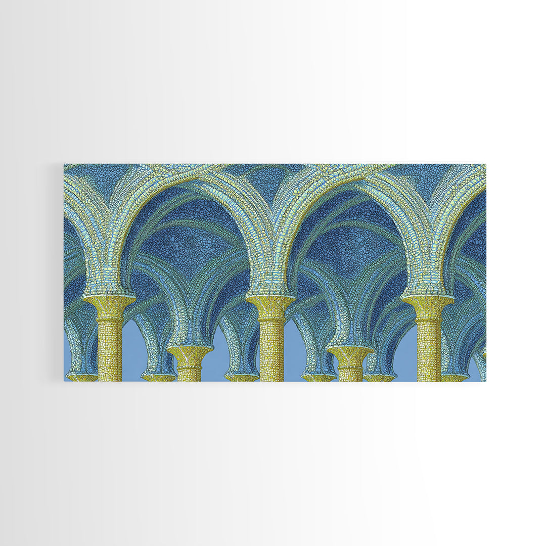 Blue Gold Mosaic Vaulted Arches Framed Canvas Print, Architectural Art, Modern Wall Decor, Midcentury Abstract Art, Blue Art Print