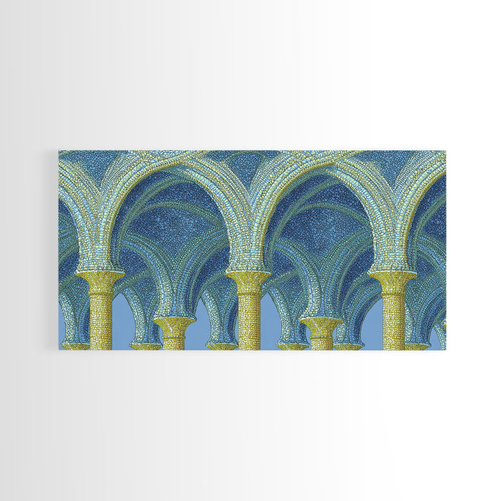Blue Gold Mosaic Vaulted Arches Framed Canvas Print, Architectural Art, Modern Wall Decor, Midcentury Abstract Art, Blue Art Print