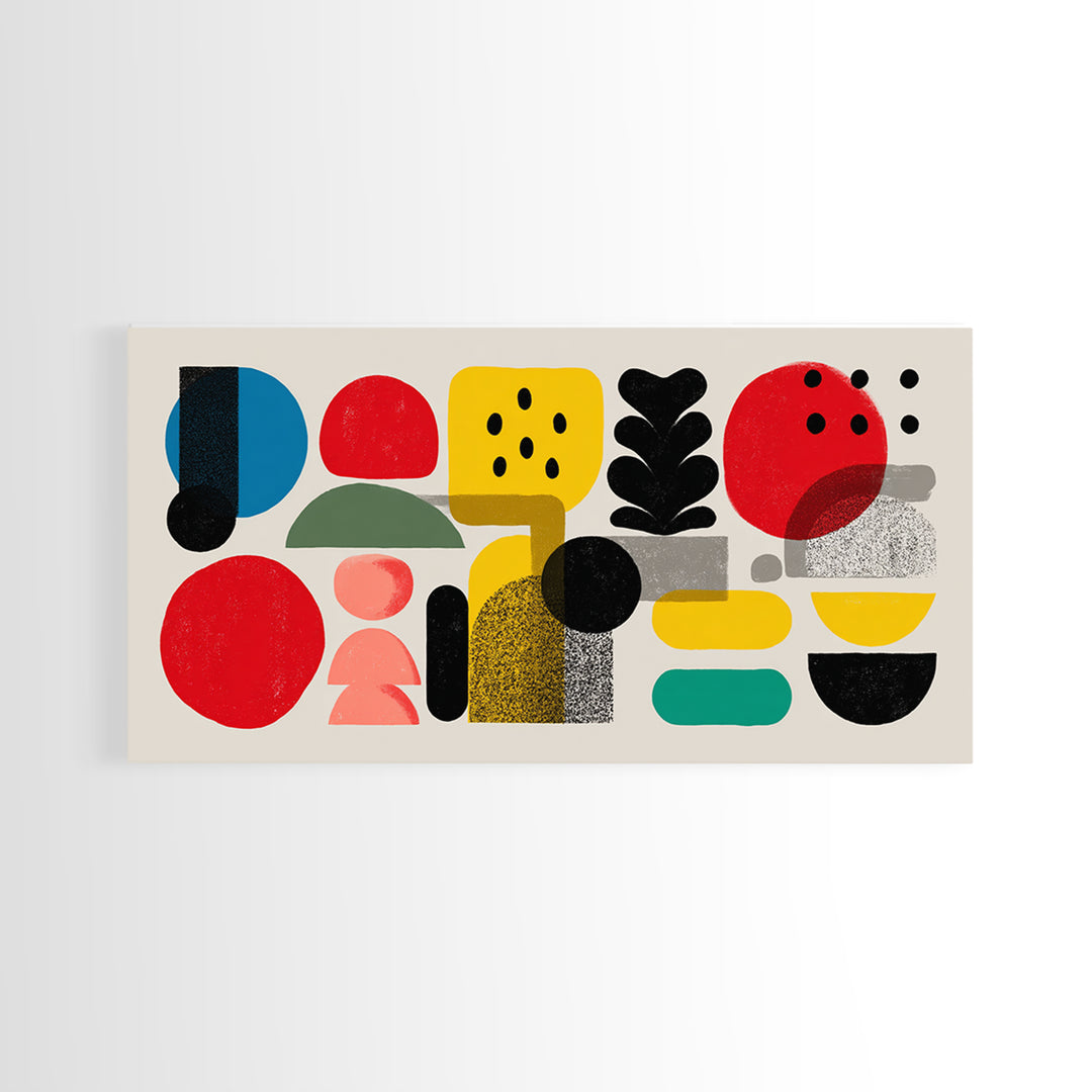 Playful Bauhaus Shapes And Plant Canvas Print, Midcentury Modern Wall Art, Colorful Abstract Decor, Modern Art Print, Home Office Art