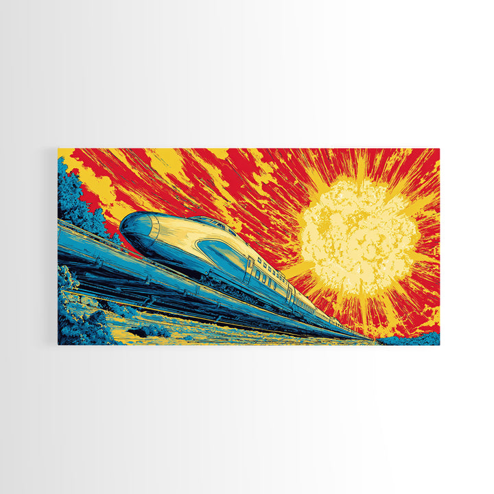 Streamlined Bullet Train Canvas Print, Blazing Solar Sky Poster, Retro Sci Fi Travel Art, Midcentury Modern Wall Decor, MCM