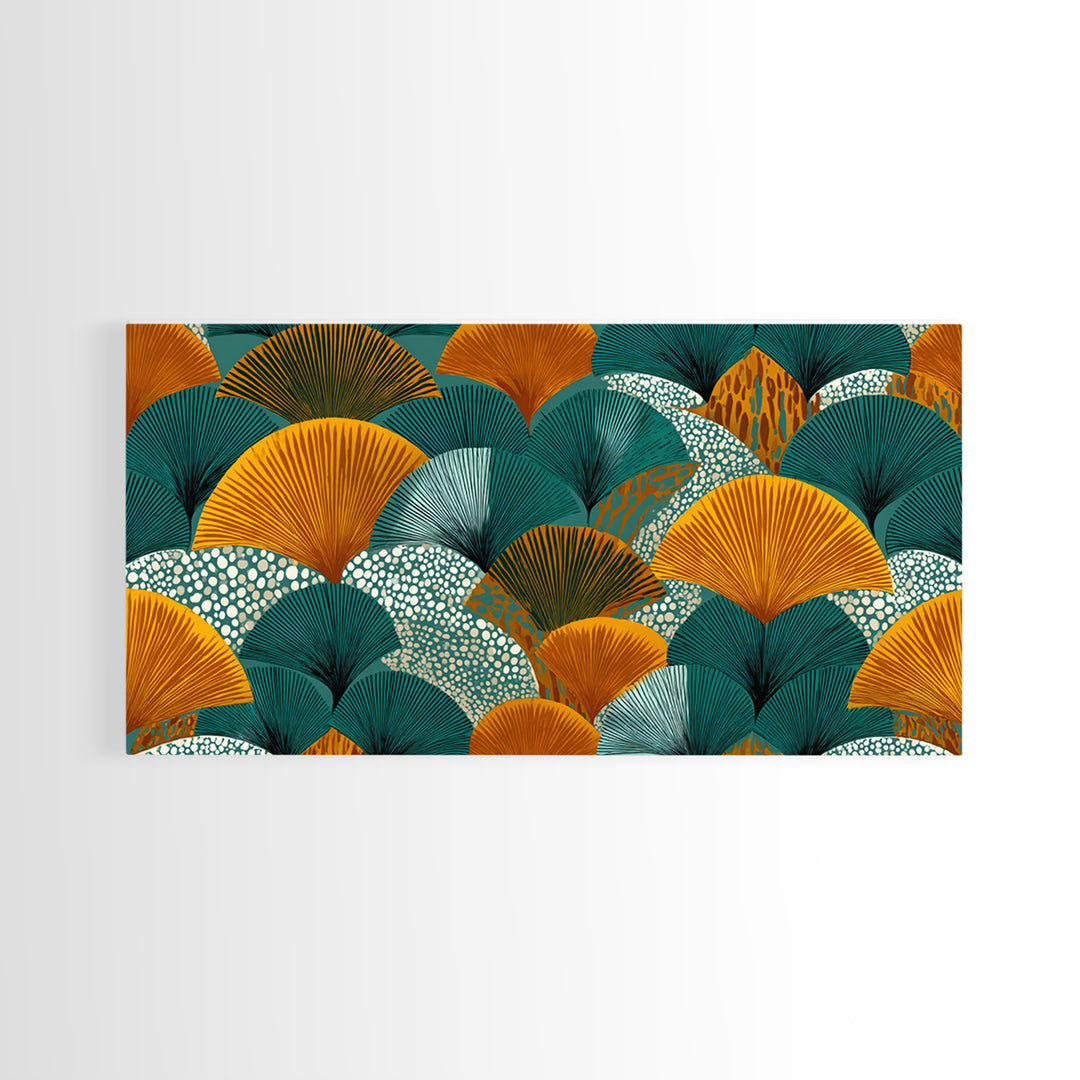 Ginkgo Fan Leaves In Teal Mustard And Aqua Canvas Print, Midcentury Modern Botanical Wall Art, Art Deco Pattern Decor Poster