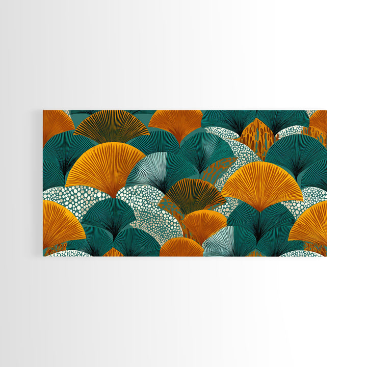 Ginkgo Fan Leaves In Teal Mustard And Aqua Canvas Print, Midcentury Modern Botanical Wall Art, Art Deco Pattern Decor Poster