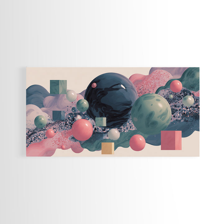 Pastel 3D Spheres And Abstract Cloudscape Framed Canvas Print, Midcentury Modern Wall Art, Retro Modern Home Decor, Gallery Wall Decor