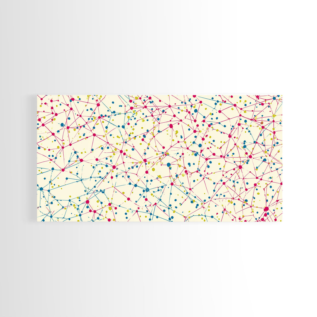Pink Teal Yellow Connected Dot Pattern Canvas Print, Midcentury Modern Abstract Wall Art, Colorful Geometric Home Office Decor