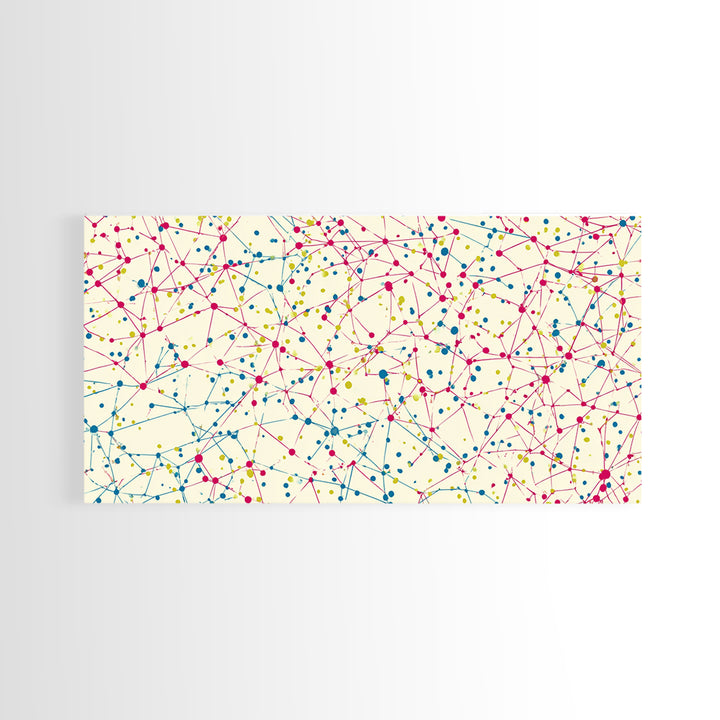 Pink Teal Yellow Connected Dot Pattern Canvas Print, Midcentury Modern Abstract Wall Art, Colorful Geometric Home Office Decor