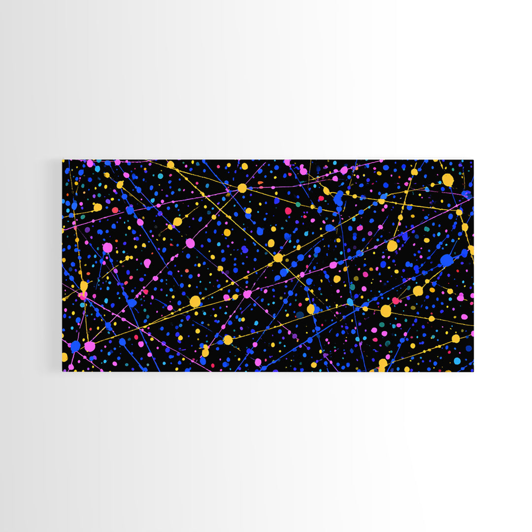 Black Cosmic Splatter Network With Pink Blue Gold Dots Wall Art, Retro Modern Abstract Art Print, Space Abstract Living Room Decor