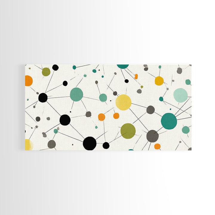 Teal Yellow Orange Atomic Circles Framed Canvas Print, Midcentury Modern Wall Art, Geometric Abstract Office And Home Decor