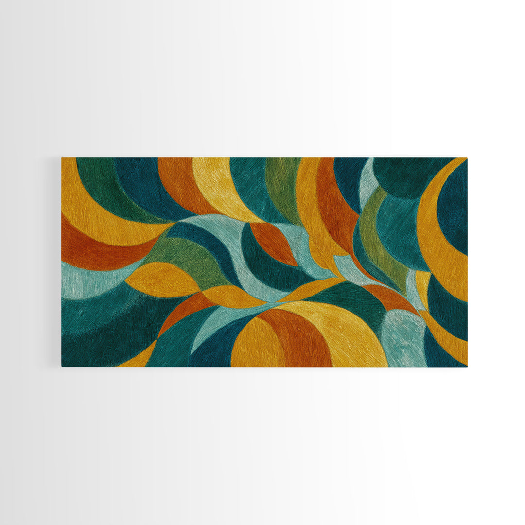 Teal Gold Orange Flowing Abstract Wall Art, Midcentury Modern Canvas Print, Retro Geometric Living Room Statement Decor Art