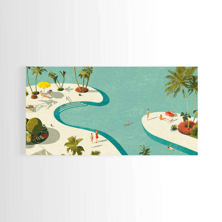 Retro Palm Resort Pool With Turquoise Lagoons Wall Art, Mid Century Modern Decor, MCM Travel Poster, Coastal Home Print Gift