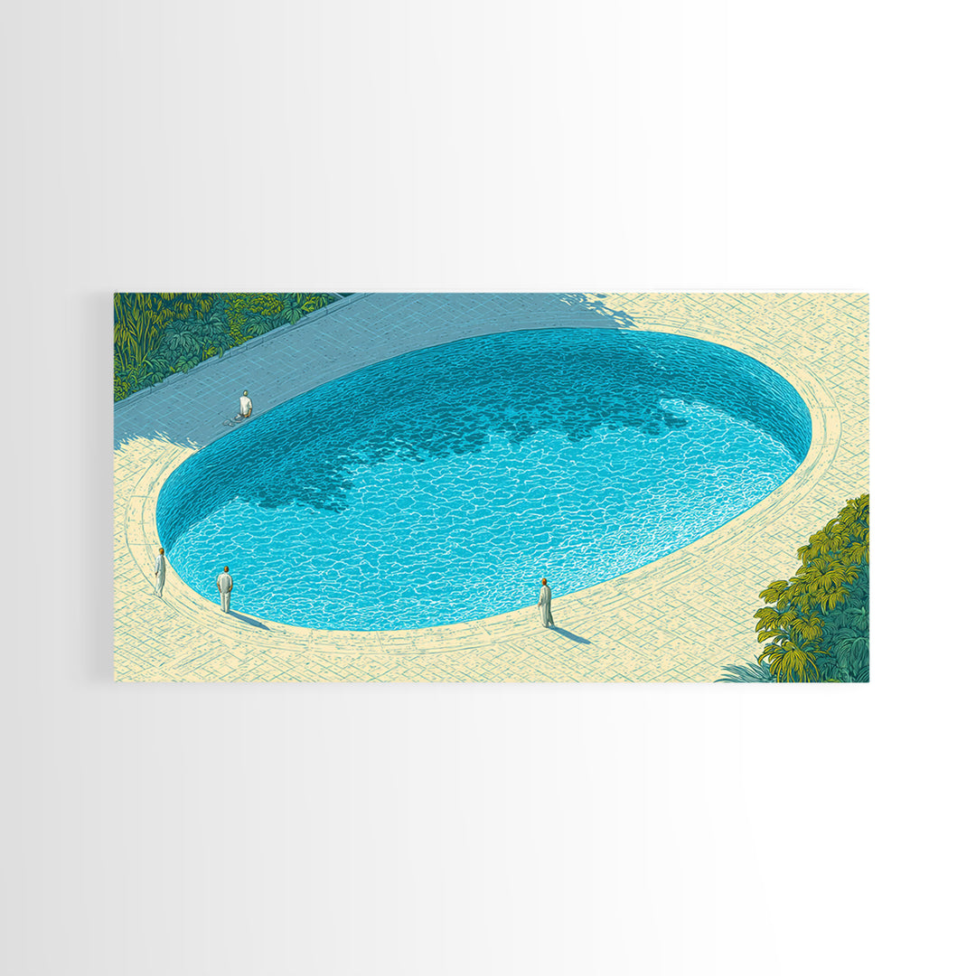 Oval Blue Swimming Pool And Garden Wall Art, Mid Century Modern Decor, Minimalist Coastal Print, Retro Summer Poster, Home Decor