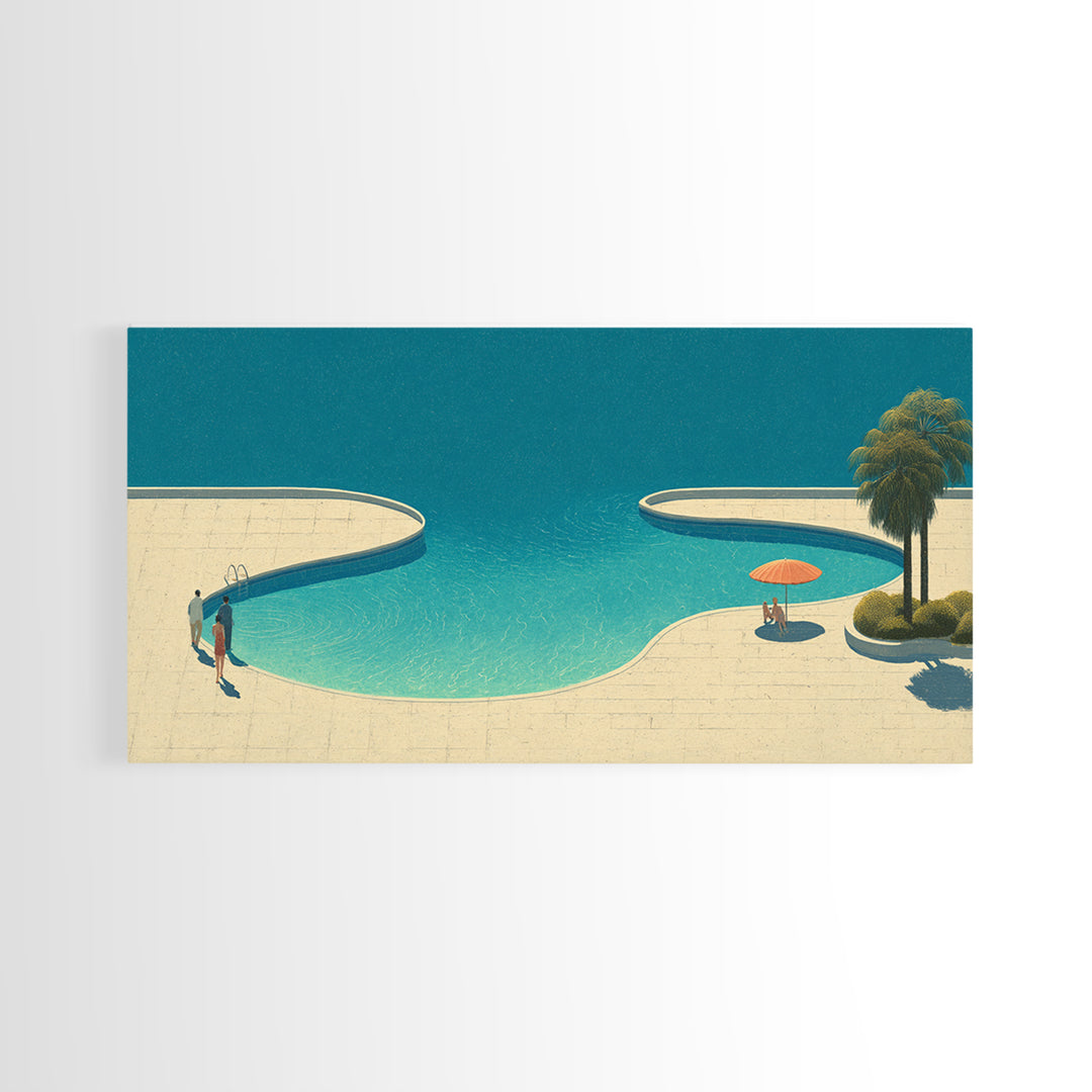 Serene Lagoon Pool With Palm And Umbrella Framed Canvas Print, Mid Century Modern Wall Decor, Retro Coastal Resort Art Poster