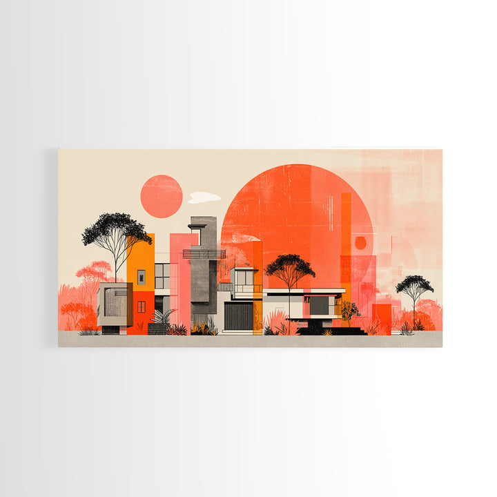 Orange Modernist Architecture And Red Sun Wall Art, Mid Century Modern Decor, Abstract Desert Print, Bauhaus Style Poster