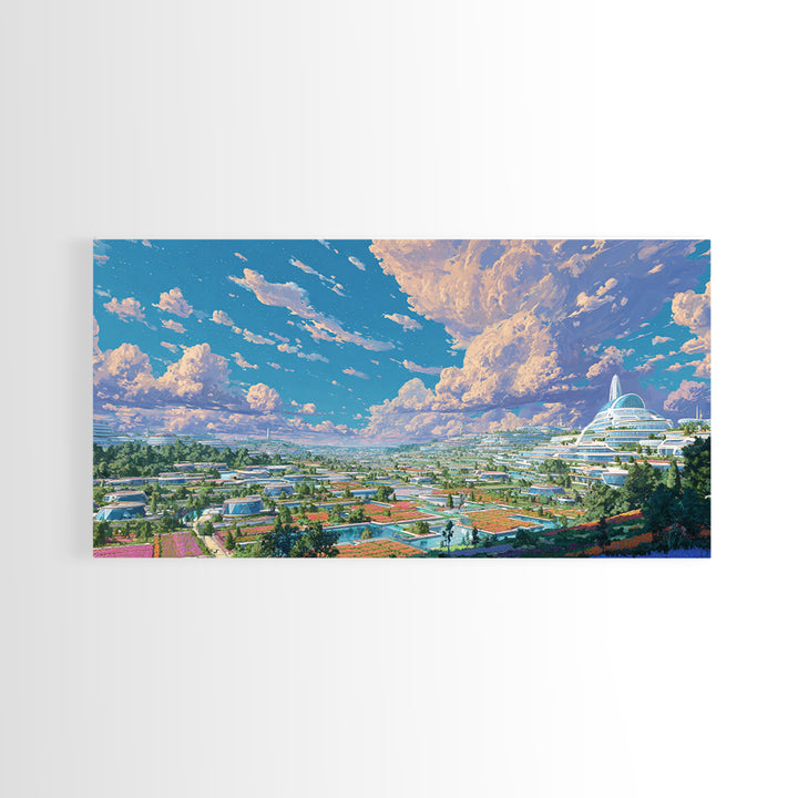 Futuristic Eco City Under Big Clouds Canvas Print, Sci Fi Landscape Wall Decor, Modern Utopia Poster, Panoramic Home Art