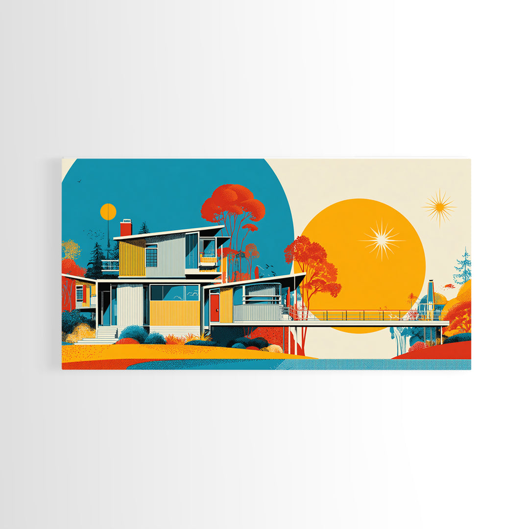 Midcentury House With Teal Arch And Golden Sun Wall Art, Mid Century Modern Decor, Retro Geometric Poster, Orange Print Gift