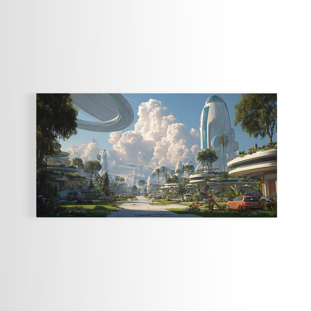 Futuristic Garden City With Rings And Towers Canvas Print, Sci Fi Wall Decor, Modern Landscape Poster, Eco Utopia Home Art