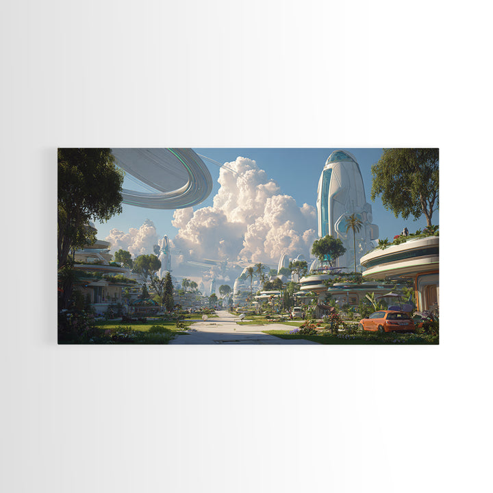Futuristic Garden City With Rings And Towers Canvas Print, Sci Fi Wall Decor, Modern Landscape Poster, Eco Utopia Home Art