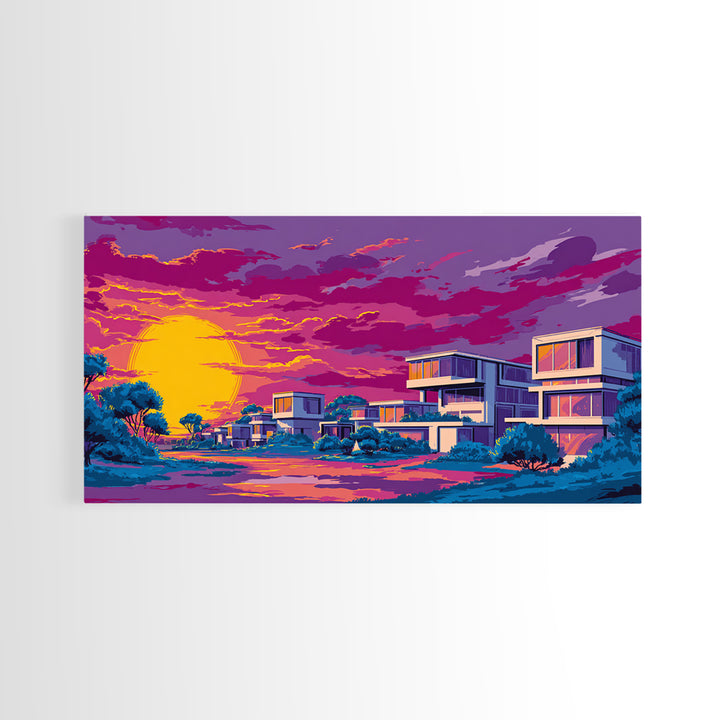 Vibrant Sunset Midcentury Homes Wall Art, Retro Modern Landscape Print, Palm Springs Decor, Colorful MCM Living Room Art