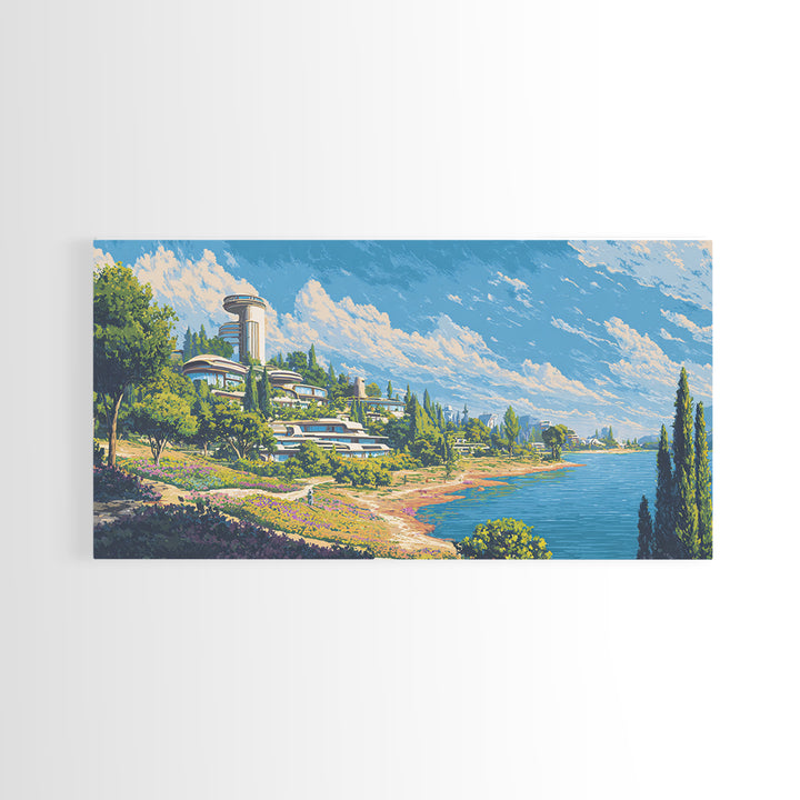 Sunny Lake Como Futuristic Villas Framed Canvas Print, Midcentury Modern Wall Art, Scenic Travel Poster, Blue Home Decor Print